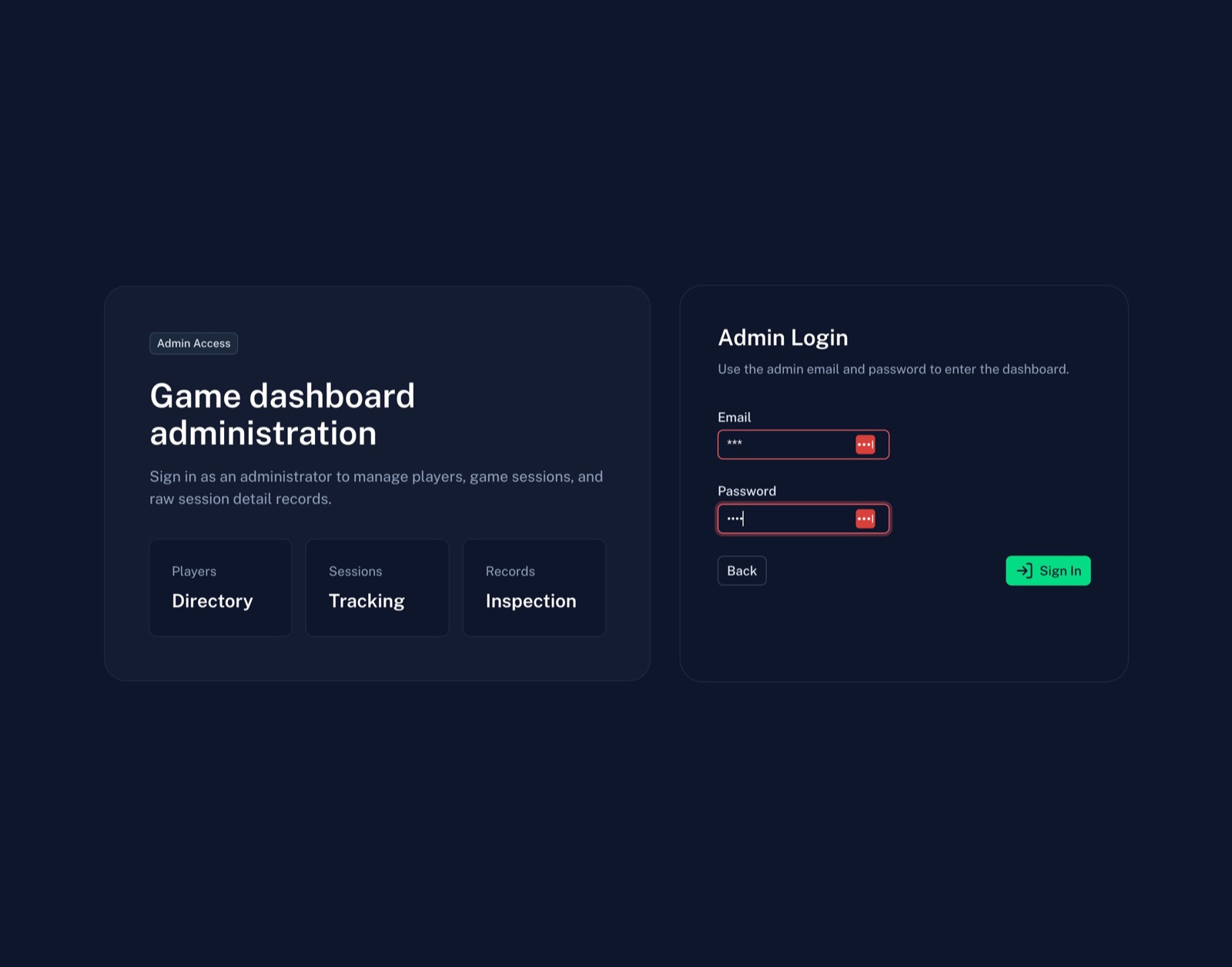 Admin login screen